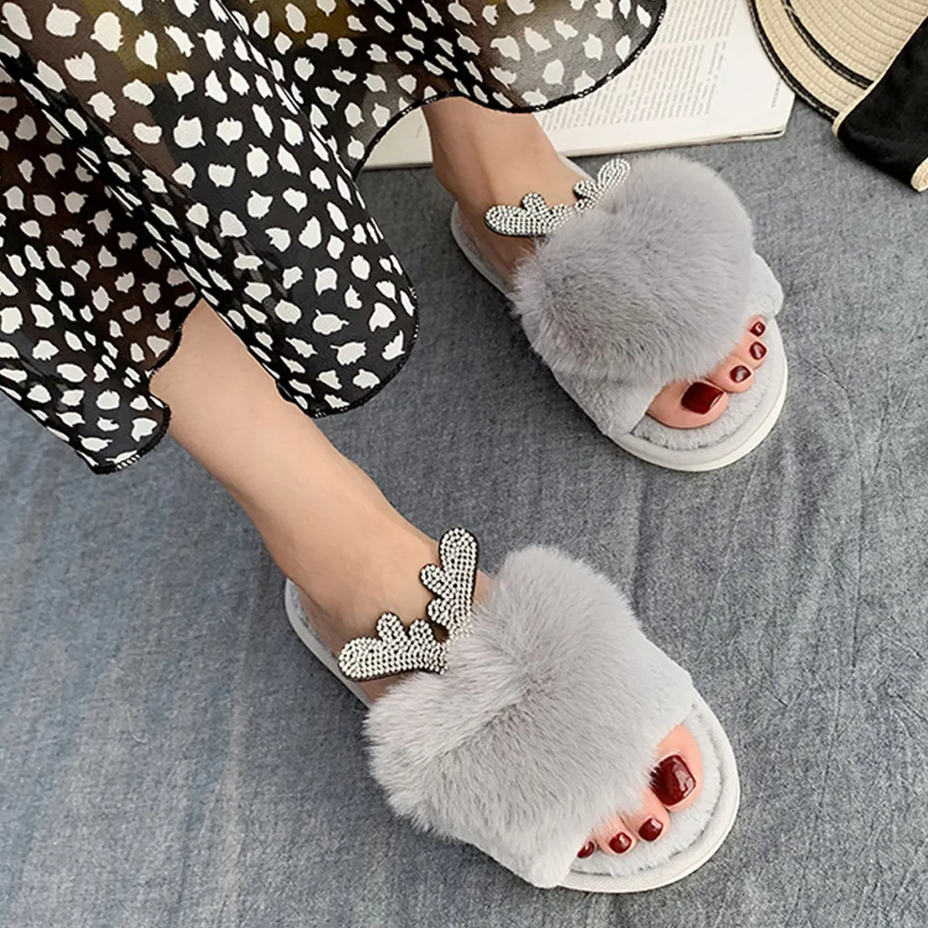

Winter Women Home Slippers with Faux Fur Cotton Warm Shoes Woman Slip on Flats Female Slides Soft-Bottom Indoor Outdoor