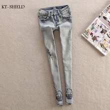 Skull head elastic skinny cotton denim women ripped zipper jean sexy new boyfriend jeans woman denim pencil pants pantalon femme