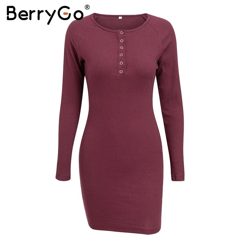BerryGo красный вязаный bodycon сексуальное платье Для женщин Длинные рукава Осень мини