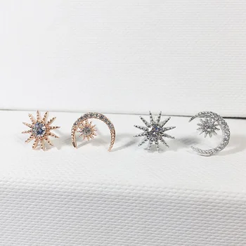 

925 silver and Rose gold stud silver earrings Twinkle star and moon with cubic zircon for women fashion jewelry drop shipping