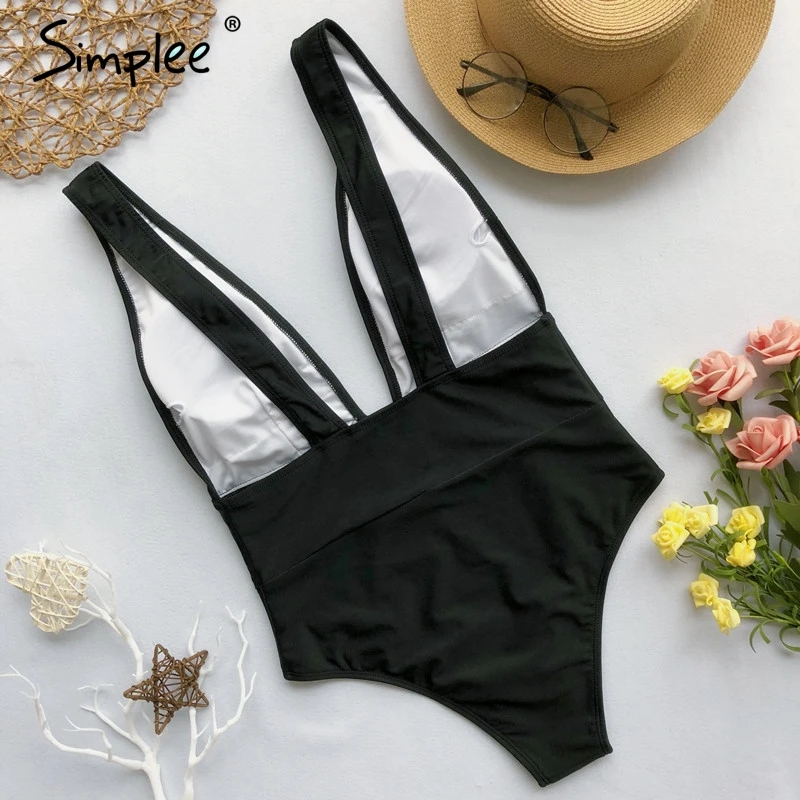 Simplee Sexy red one piece women bodysuit Push up V neck bathing suit swimwear overall Summer sleeveless female solid playsuit white lace bodysuit