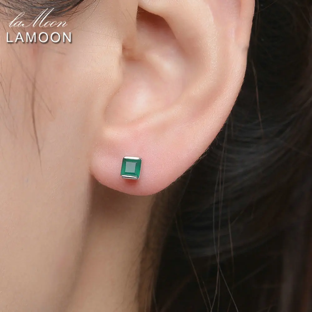 Lamoon 4mm 0.6x2 ct Natural Green Chalcedony 925 Sterling Silver Simple Stud Earrings Jewelry S925 For Women LMEI028