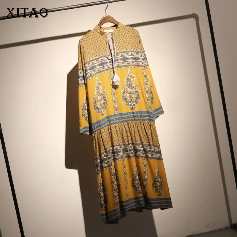

XITAO Print Drawstring Midi Dress Women Korea Fashion New 2019 Pleated Pullover Wild Joker Waist Long Bow Elegant GWY2742