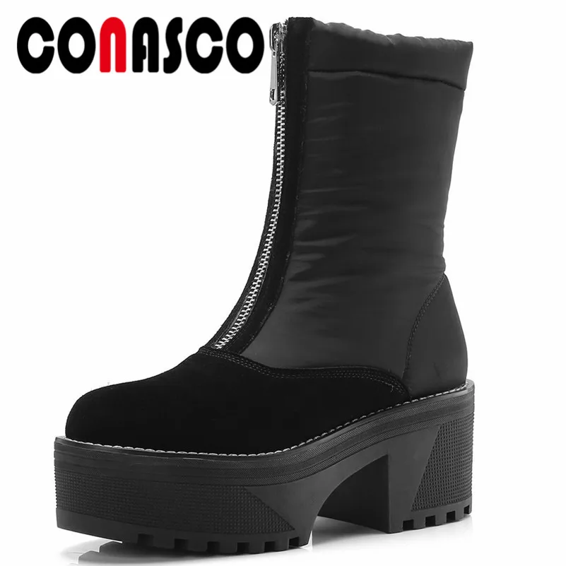 

CONASCO New Style Women Warm Snow Boots Cow Suede Platforms High Heels Comfort Casual Shoes Woman Zipper Short Martin Boots