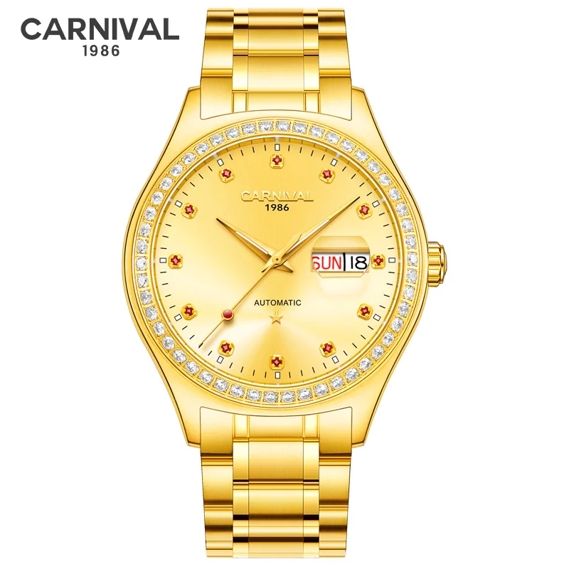 Мужские автоматические механические часы CARNIVAL Golden Steel роскошные Брендовые Часы с
