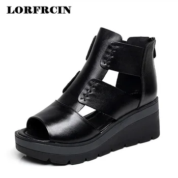 

Genuine Leather Women Gladiator Sandals Platform Wedges Shoes Woman Summer Ankle Boots Ankle High Heels Sandals Female Shoes