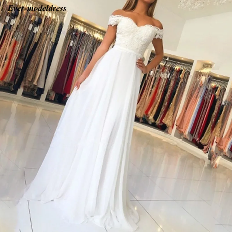 white off the shoulder prom dress