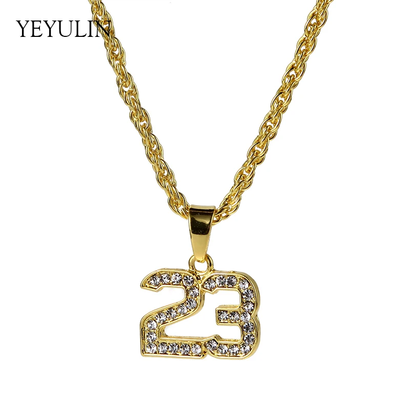 Hip Hop Gold Color Full Crystal Number 23 Pendant Necklaces Long Twist