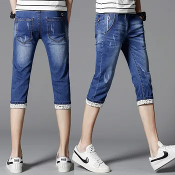 

Casual Calf Length Shorts Jeans Men Slim Punk Men Short Denim Jeans Blue Pockets Jeans Homme Big Size