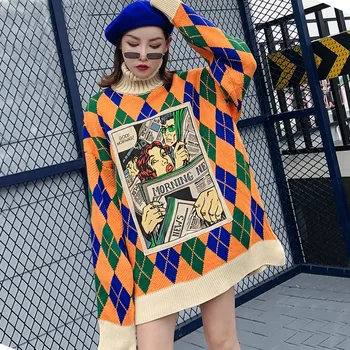 

2019 Winter and Autumn Fashion Diamond Knitting Sweater Women Anime Pattern Turtleneck Long Sleeve Pullovers Loose