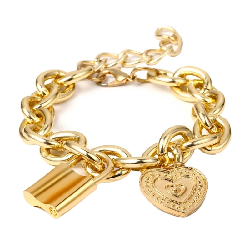 

Punk Lover'S Lock Pendant Bracelets Bangles Fashion Metal Carved Love Heart Thick Chain Bracelet Women Jewelry
