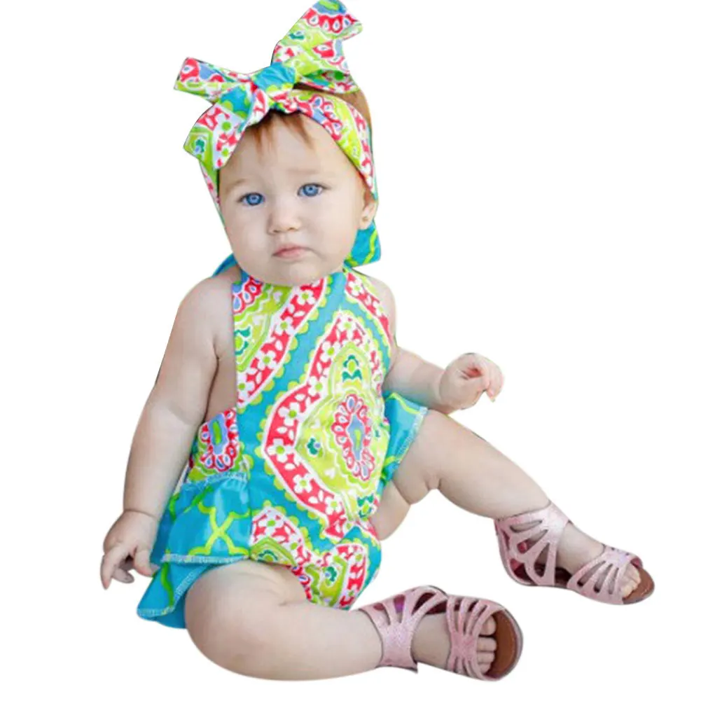 

2pcs Toddler Infant Kid Girls Lace Halter Floral Baby Girl Clothes Summer Ruffles Backless Romper + Headband Set Sunsuit Outfits