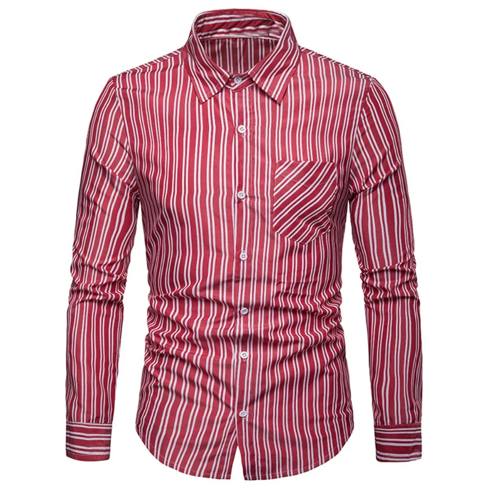 Для Мужчин's Блузка с длинными рукавами облегающая полосатая кнопка карман рубашка с отложным Бизнес Повседневная рубашка Chemise homme