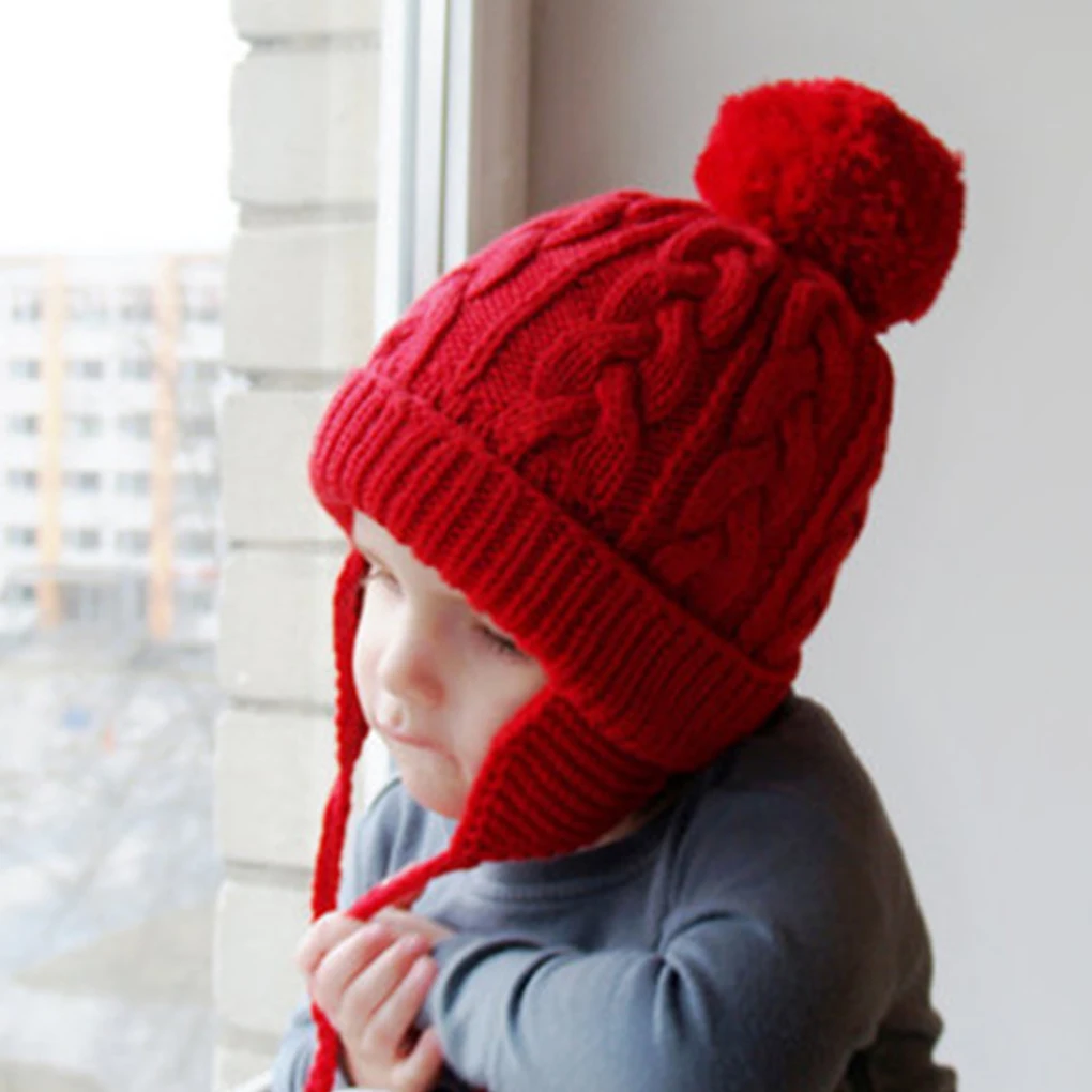 Solid Kids Children Knit Hat Ear Protect Solid Color Ear Flaps Cap Boy