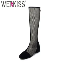 WETKISS/пикантные женские сапоги до колена; сетчатая обувь с квадратным носком на молнии; Модные осенние сапоги из флока; повседневная женская обувь; Новинка года