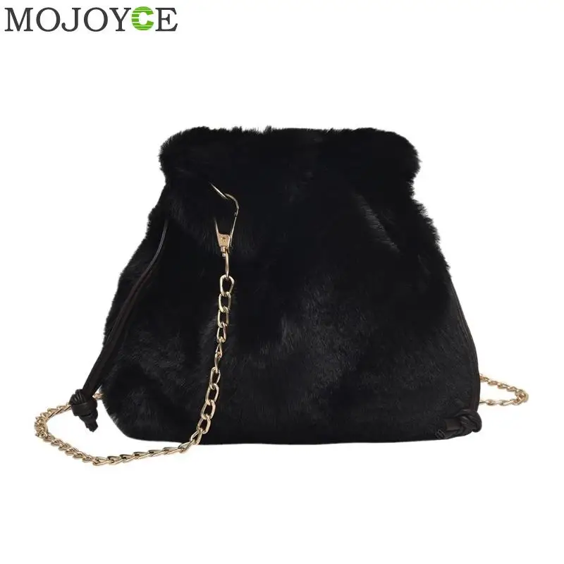 Новая женская мягкая сумка из искусственного меха, женская дизайнерская плюшевая сумка на шнурке, сумка-ведро, сумка на плечо, плюшевая сумка, Курьерская сумка - Цвет: Черный