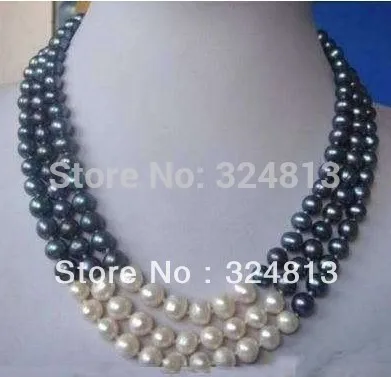 

3 row 7-8mm white &black pearl necklace #957