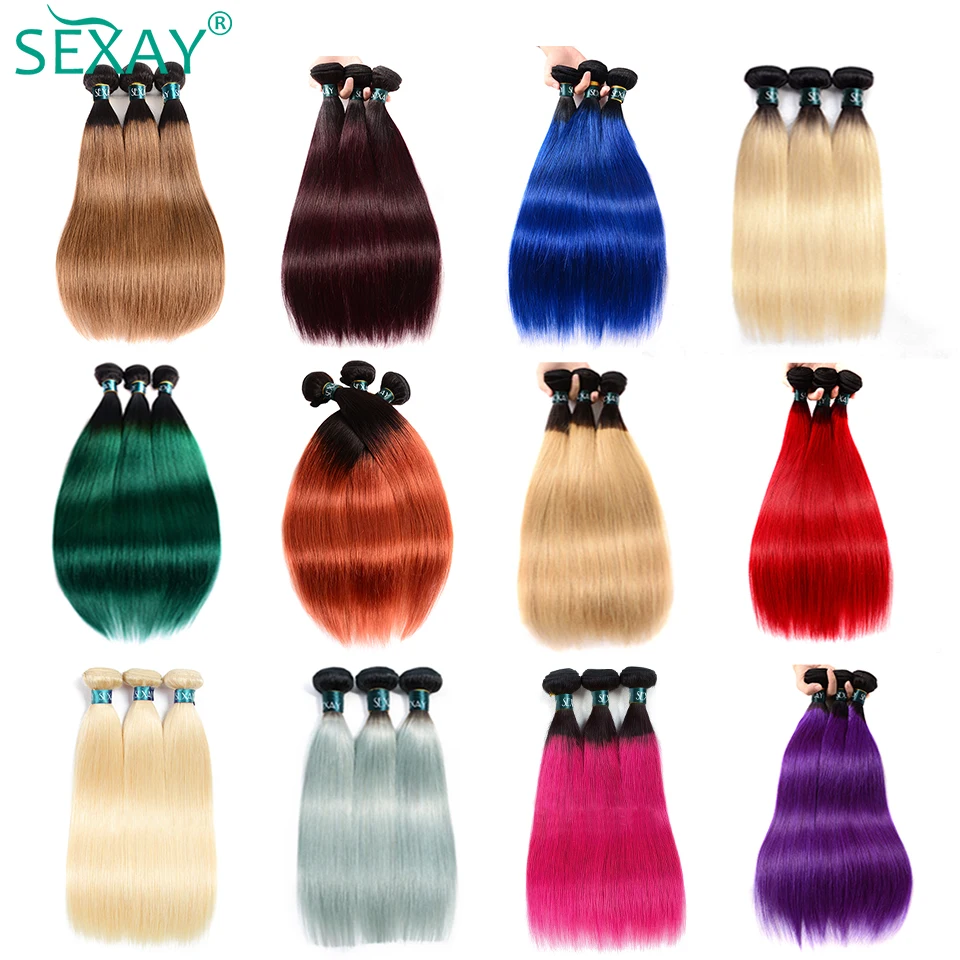 

SEXAY Ombre Human Hair 3/4 Bundles Deal Pre Colored Human Hair Weaves NonRemy Dark Roots Ombre Peruvian Straight Hair Extentions