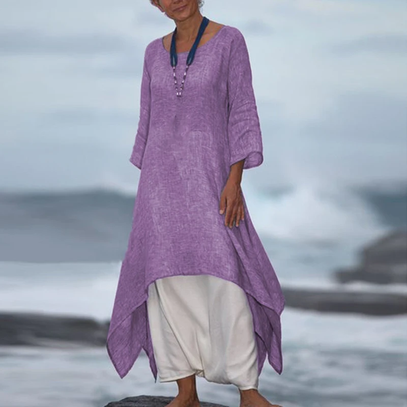 

Vintage Women Long Sleeve Cotton Linen Kaftan Maxi Irregular Dress Plus Size