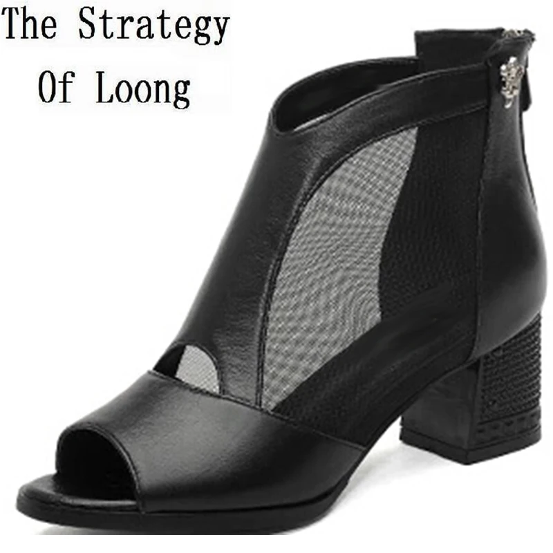 

Thick Heel Cut Out Genuine Leather Peep Toe Zip Ankle Wrap Women Summer Ankle Boots 2017 New Arrival Fashion Casual 35-40 SXQ050
