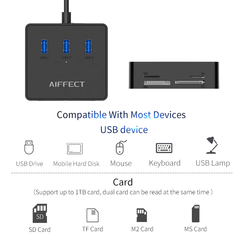AIFFECT Multi Function 3 Port USB Splitter 3.0 HUB Combo Card Reader Support TF SD M2 MS Converter Micro USB Power for Laptop AIFFECT Multi Function 3 Port USB Splitter 3.0 HUB Combo Card Reader Support TF SD M2 MS Converter Micro USB Power for Laptop