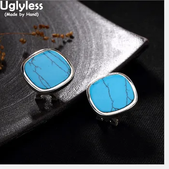 

Uglyless Real 925 Sterling Silver Natural Turquoise Stud Earrings for Women Personalized Bijoux Geometric Brincos Square Jewelry