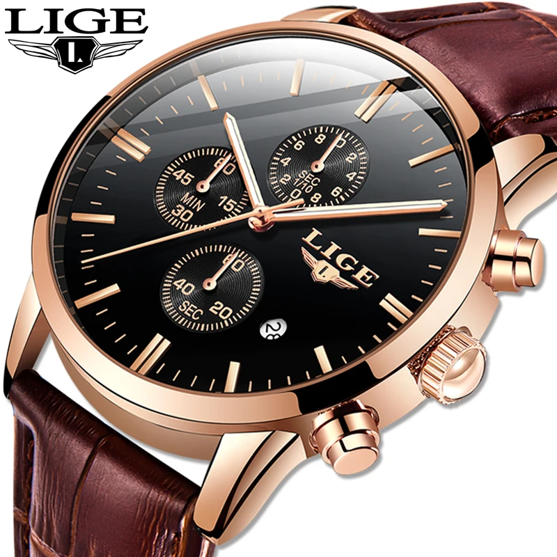 

LIGE Business Casual Men's Watch Waterproof Calendar Analogue Quartz Watches Men Genuine Leather Watch For Men Relogio Masculino