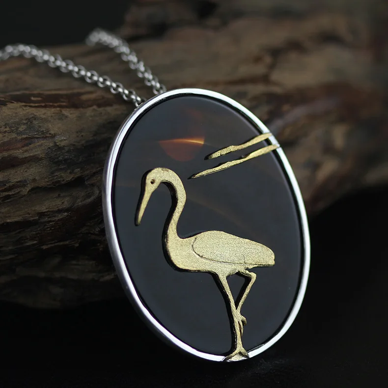 925 sterling silver jewelry impressionist Chinese Egret Silhouette agate pendant female fashion jewelry hand made silver jewelry