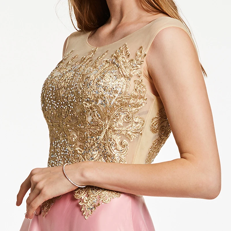 Tanpell appliques evening dress pink bateau neck sleeveless floor length a line gown cheap women formal prom long evening dress