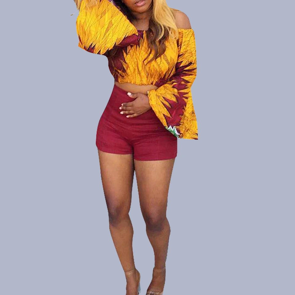 

Leaf Top Off Shoulder Set Flare Sleeve Ensemble Femme 2 Pieces Red High Waist Trouser Women Mini Shorts Sexy Beach Party Outfits