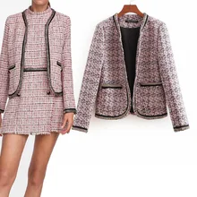 Spring and Autumn A Skinny Long-sleeved Coat with Soft Tweed Without Buckle. Pockets  Tweed Women's Blazer  Plaid Jacket