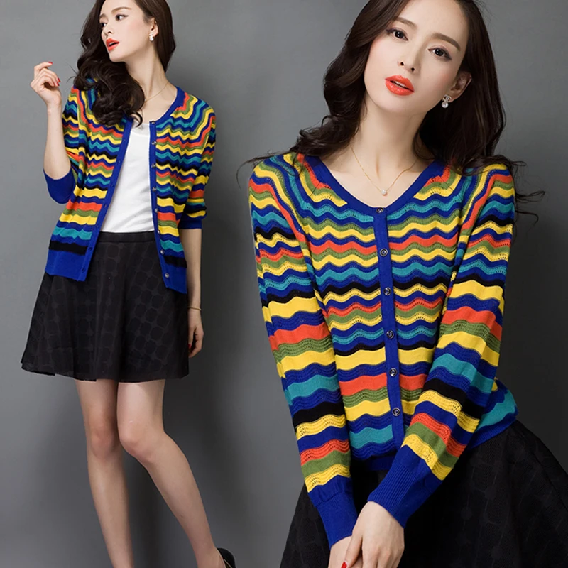 Autumn Women Air-conditioning Shirt Hollow Thin Sweater Short Paragraph Cardigan Sunscreen Jacket Color waves Female Sweaters |