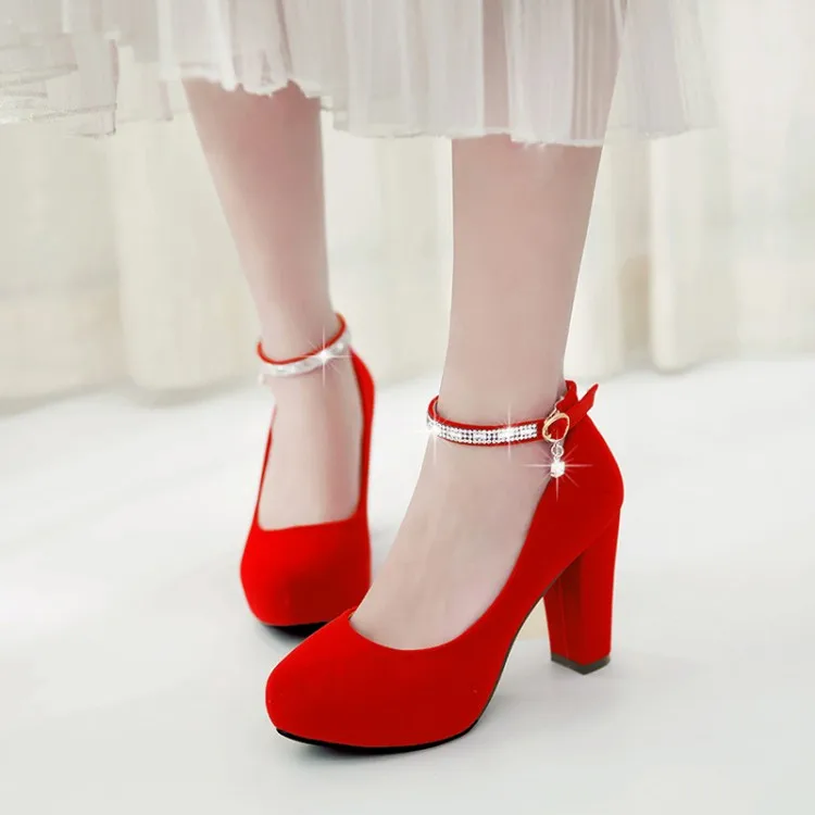 

Big Size11 12 13 14 platform heels women shoes woman pumps ladies Metal Decoration of Round Head Shallow Rough-heel Button Drill