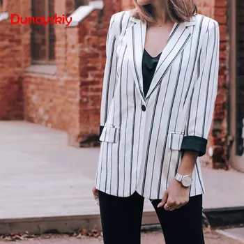 

Women Striped Blazer Autumn Female Work Jacket Vintage High Quality Fashion Office lady Elegant Blazers Feminino Black White