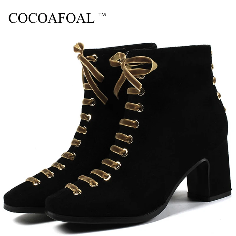 

COCOAFOAL Winter Women's Genuine Leather Ankle Boots Plus Size High Heels Chelsea Boots Black Brown Genuine Leather Woman Shoes