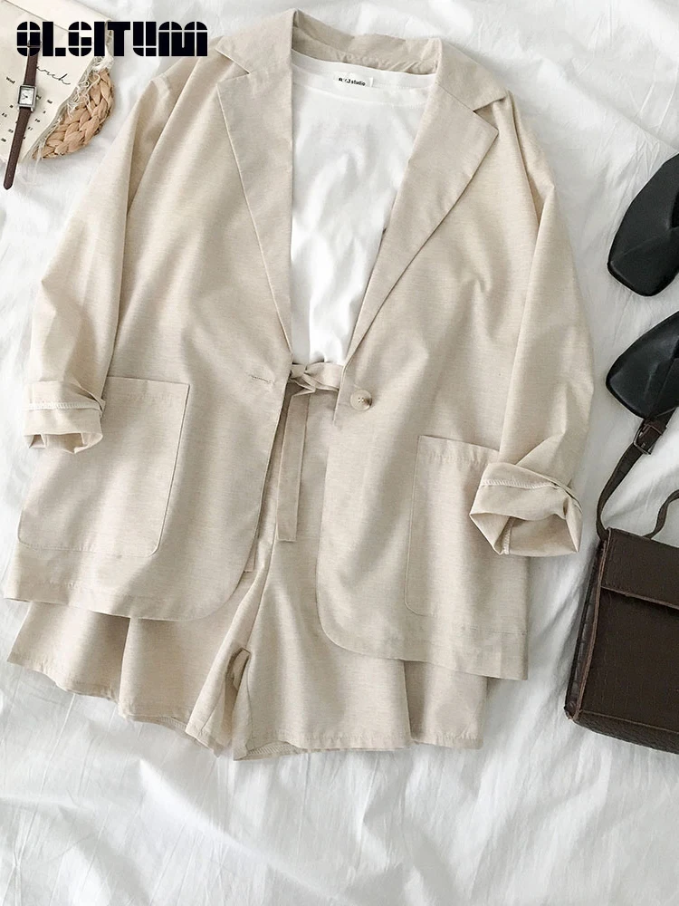 

Casual Two-piece Suit Spring 2019 Korean Suit Solid Turn-down Collar Coat + Bow Elastic Waist Wide-leg Shorts Women Sets for OL