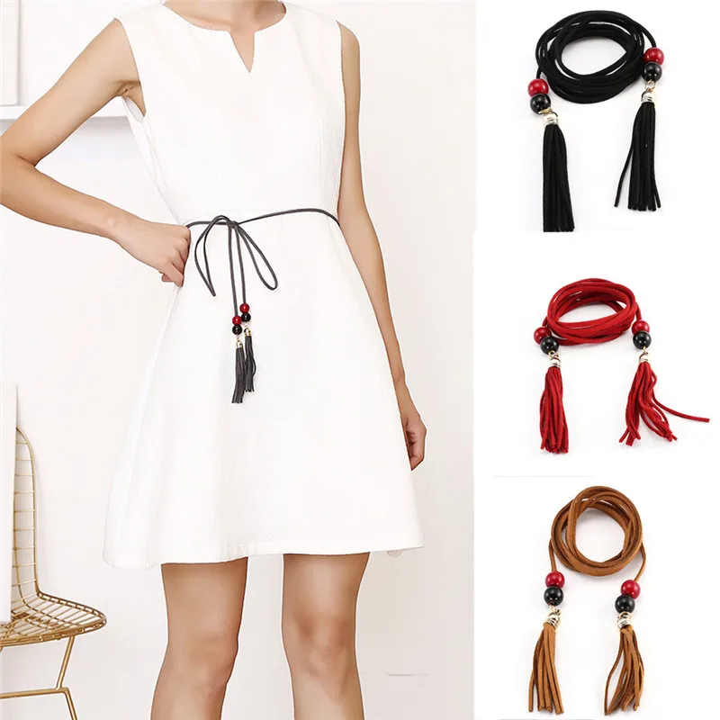 Women Hand-Knit Long Braid Tassel Party Belts Fringe Thin Leisure Leather belt for women Fashion Accessory 40JA0410