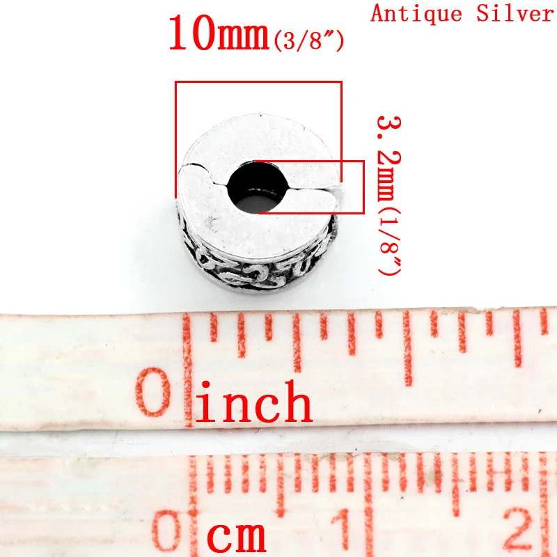 Европейский Стиль стопорный зажим и замок круглый античный серебряный узор 10 мм(3/") x 6 мм(2/8"), 1 шт