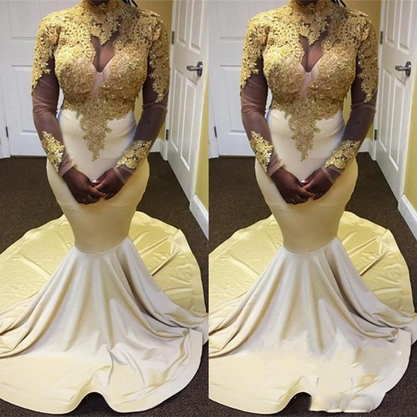 

Gold And White Mermaid Prom Gowns Long 2018 High Neck Long Sleeve Gold Applique Formal Dress Evening Gowns Abendkleider