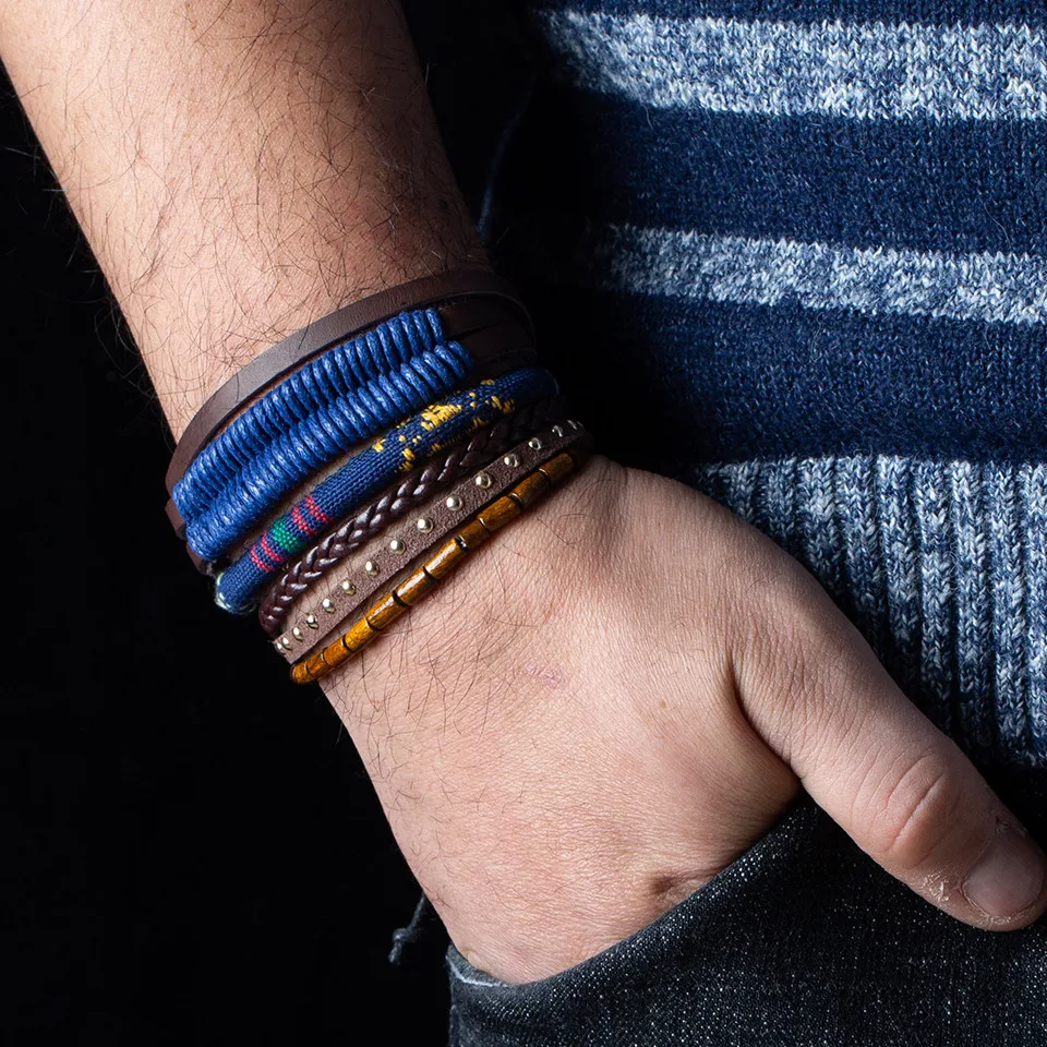

New Vintage Handmade Multi-layer Brown Leather Bracelet for men Punk Charms Blue Rope Wrap Bracelet Retro Jewelry B020459
