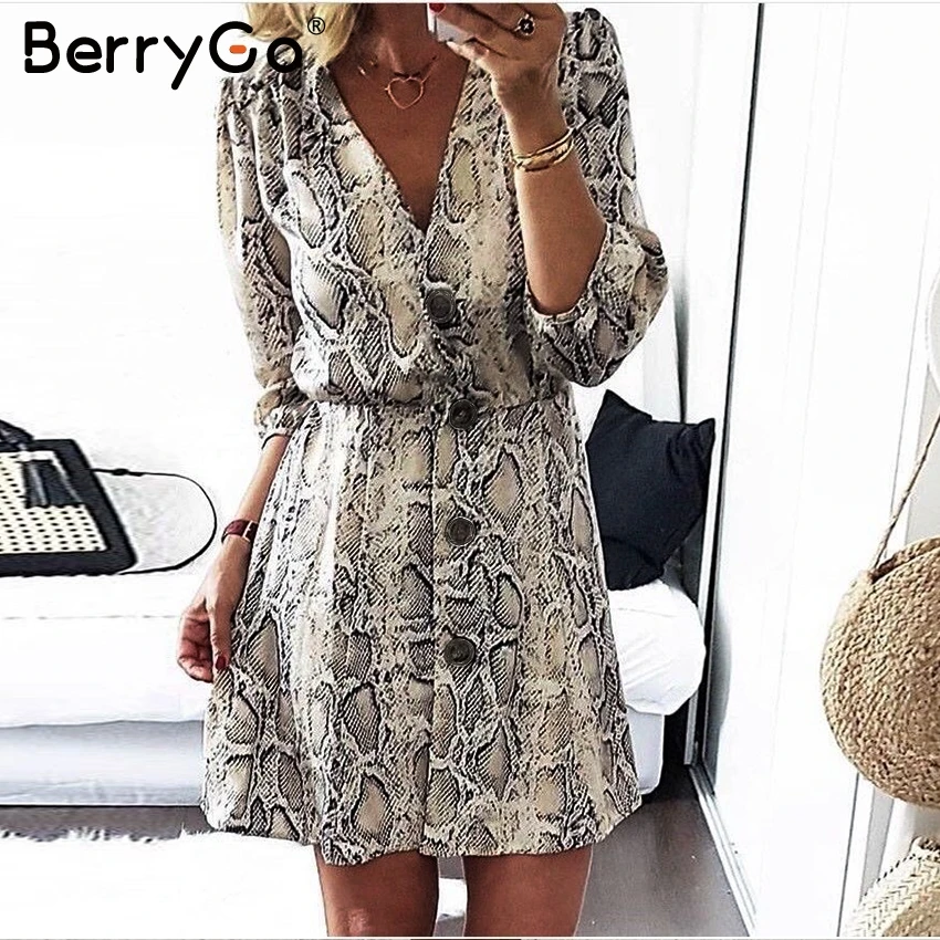

BerryGo Vintage snake print women dress robe Lantern sleeve v neck mini dress Casual loose button party dress vestidos