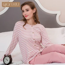 1863 Qianxiu весенние и осенние модели полосатые новые женские хлопковые с длинным рукавом брюки набор повседневная домашняя одежда костюмы