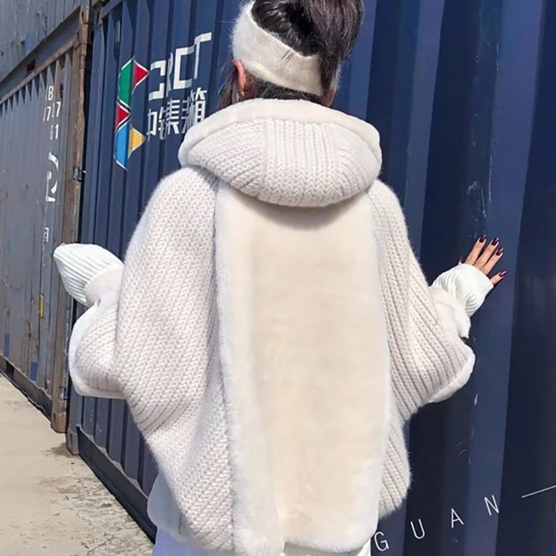 2018 New Style Real Natural Rex Rabbit Fur Coat Knitting Long Sleeve Double-faced Fur Loose Jacket Real Fur Hooded Coat Women