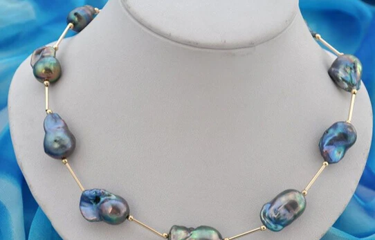 

Miss charm Jew1510 18"15x25mm baroque black keshi reborn pearl necklace