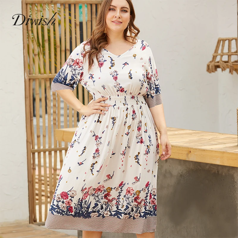 

Diwish Women Summer Maxi Dress Boho Sexy Print V Neck Dress Casual Empire Waist Long Beach Dress Plus Size Dresses XL-4XL