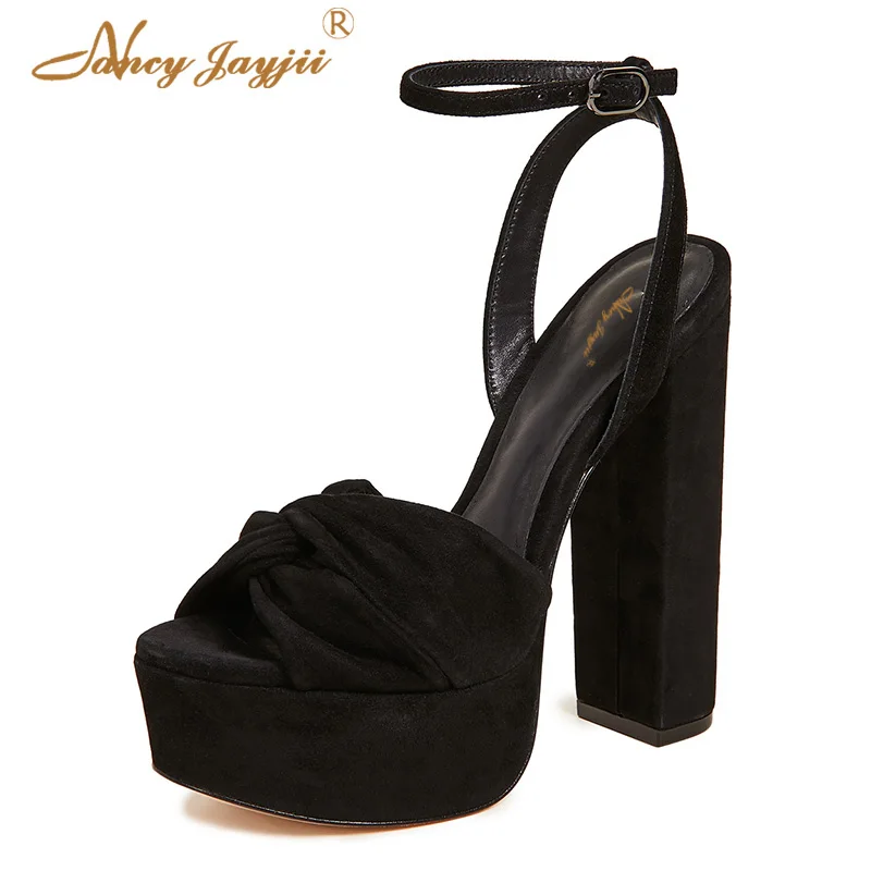 

Black Suede Platform Sandals Chunky Heels Ladies Shoes For Woman Strap Fashion Female Classic Big Size 45 44 Dress 2019 Summer