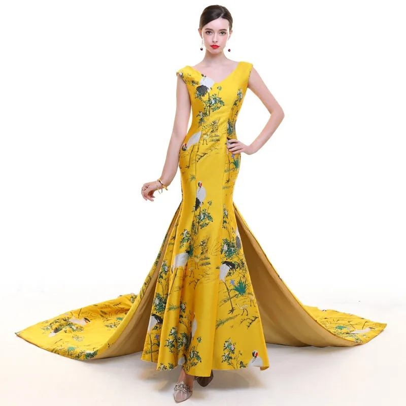 Жёлтое винтажное Ципао длинное современное китайское традиционное платье женское свадебное Восточно-китайское платье Восточный вечер - Цвет: style 4