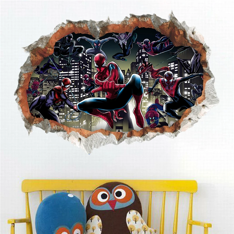 

hot 3d hole spiderman wall stickers for kids rooms home decor cartoon movie breaking through wall decals pvc mural boys gifts