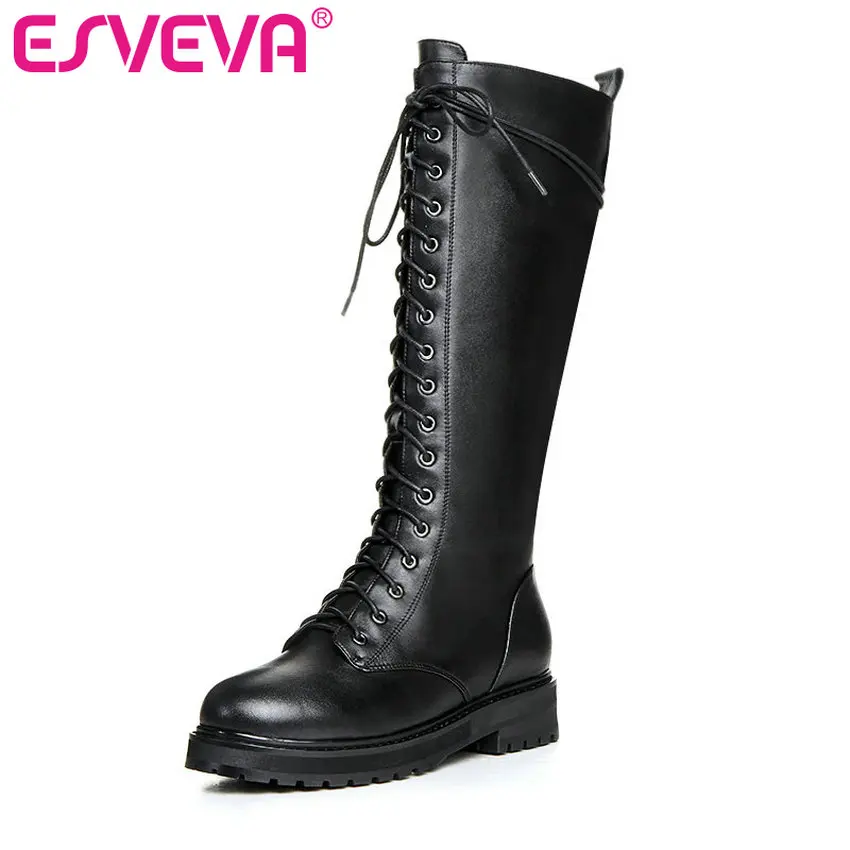 

ESVEVA 2020 Shoes Women Knee-high Boots Square Low Heel Lace Up Round Toe Winter Solid Boots Shoes Size 34-39 Winter Boots