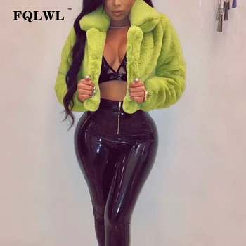 

FQLWL Fluffy Faux Fur Coats Women Solid Furry Teddy Turn Down Collar Cropped Jacket Fur Female Overcoat Winter Warm Outerwear